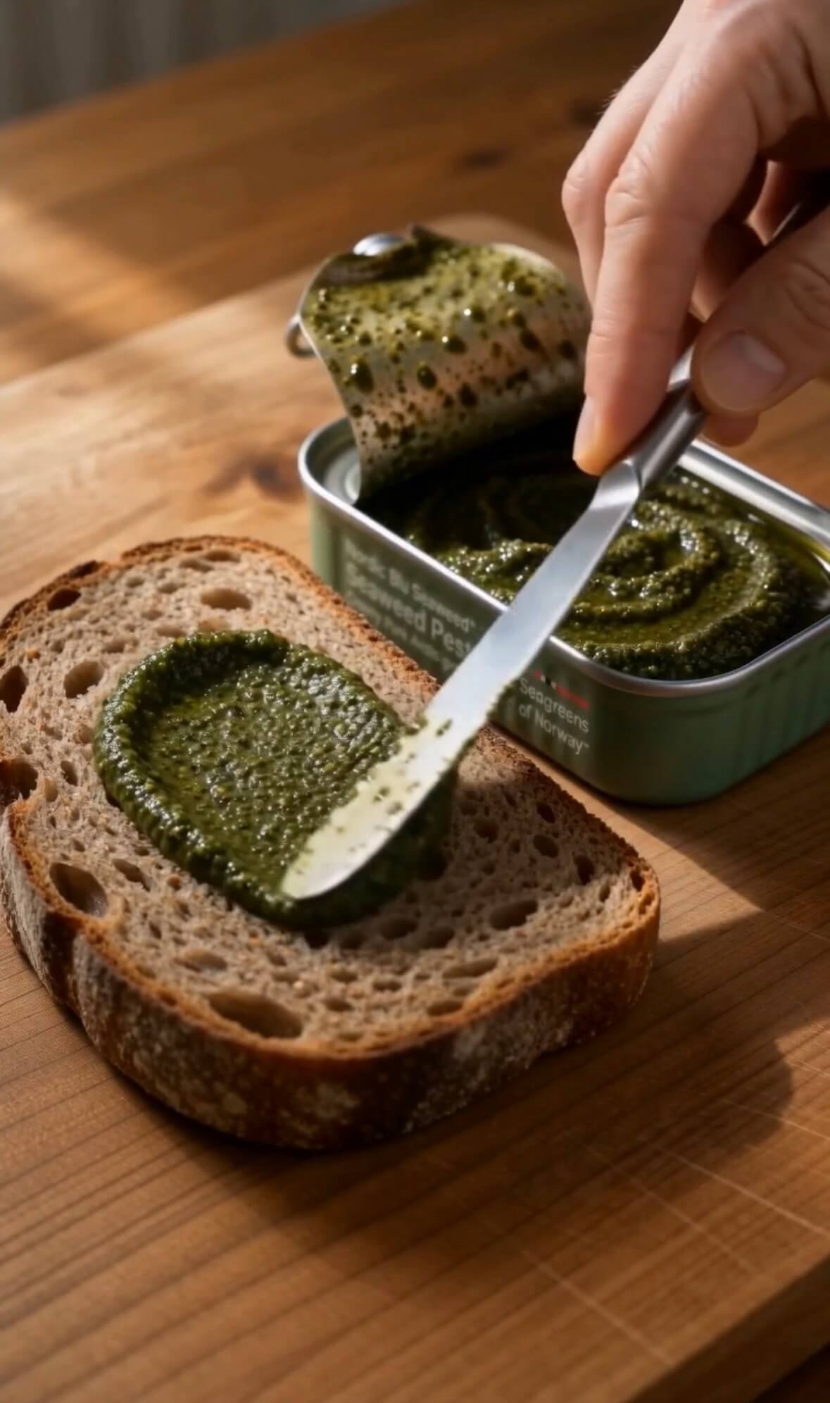 Seaweed pesto being spread on sourdough bread straight from the can