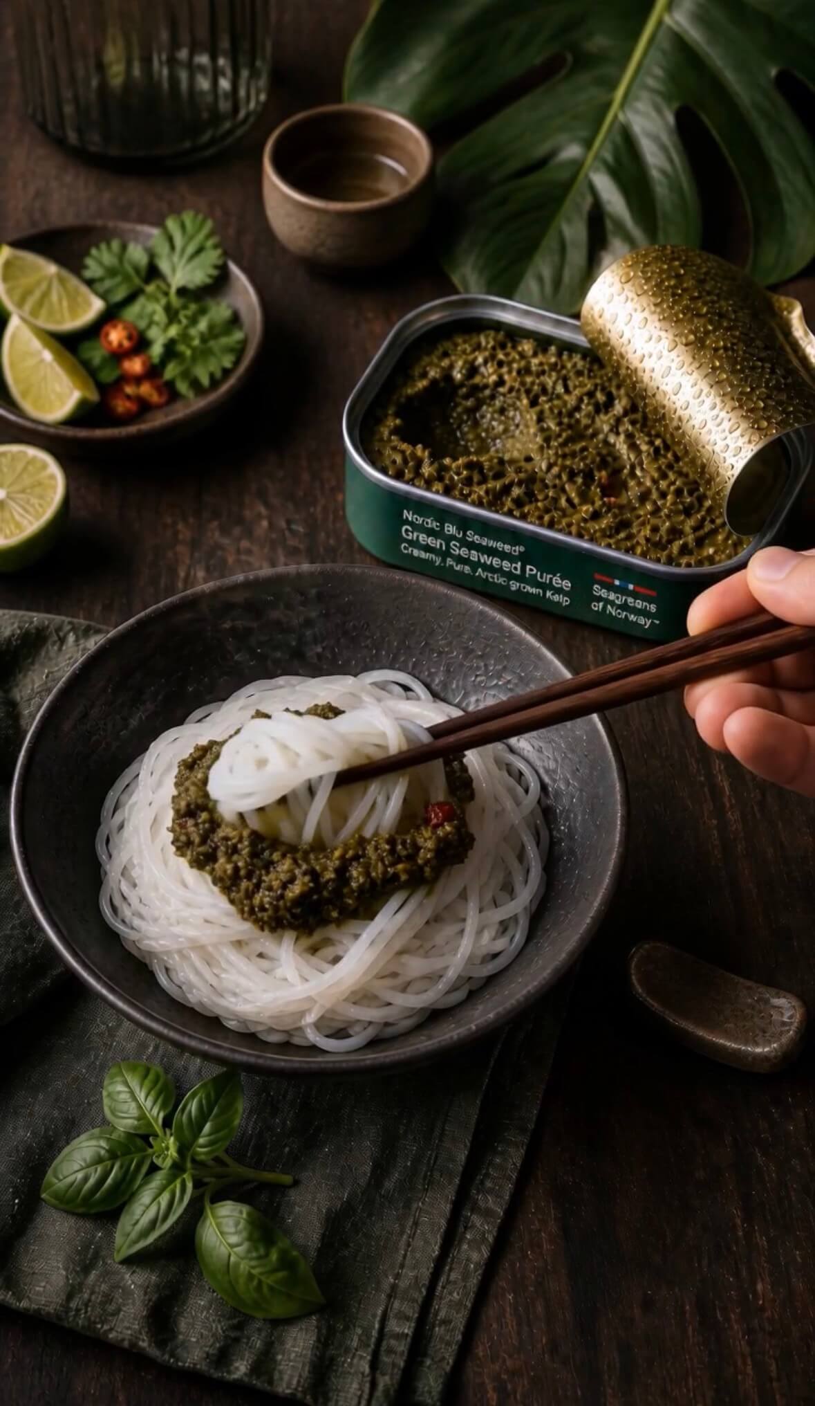 Chef plating a dish with Green Seaweed Purée in a restaurant kitchen